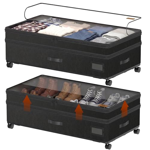 Under Bed Storage with Wheels, Adjustable Height Underbed Storage Containers, 2 Pack 65L Bins, Heavy-Duty 600D Fabric & Steel Frame for Clothes, Shoes, Bedding