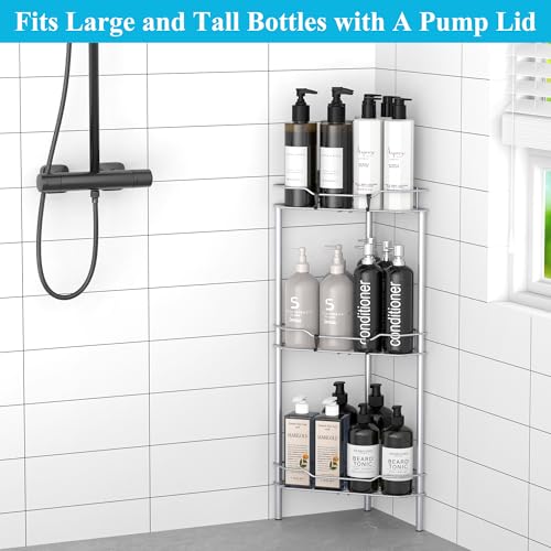 HuggieGems 3 Tier Floor Standing Corner Shower Caddy Organizer Shelf with Hooks, Bathroom Shelves Stand Rack, Silver - color: Silver, size: 3 Tier