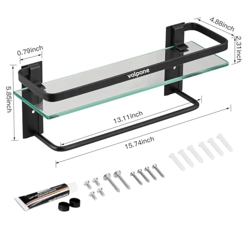 VOLPONE Bathroom Glass Shelf with Towel Bar Black Bathroom Shelf Wall Mount Rustproof Bathroom Wall Organizer Towel Rails1 Tier (Black) - style: 1 tier with towel bar black