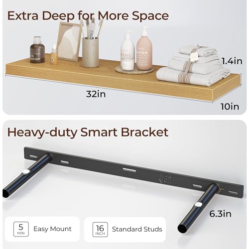 Fun Memories Floating Shelves for Wall 32 Inch Set of 3, Farmhouse Floating Shelves with Invisible Heavy Duty Bracket, 10 Inch Deep Bathroom Shelves for Storage, Living Room, Kitchen, Decor, Oak - color: Oak, size: 32"W x 10"D - 3P
