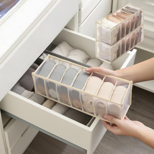 2-Pack Underwear Storage Organizer, 7-Compartment Foldable Drawer Divider for Home, Closet, and Travel Use, Mesh Fabric Organizer Box for Clothing - color: 2 Off White