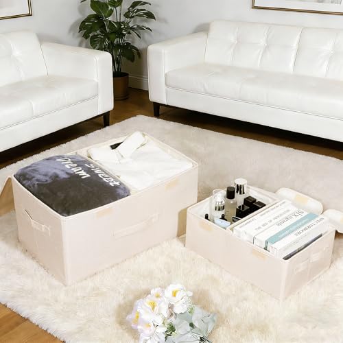 2 Pack Large Storage Boxes with Lids and Handles, Collapsible Linen Storage Bins Organizer Containers Baskets Cube with Removable Divider for Home Bedroom Closet Office (Cream, Small) - color: Cream, size: Small