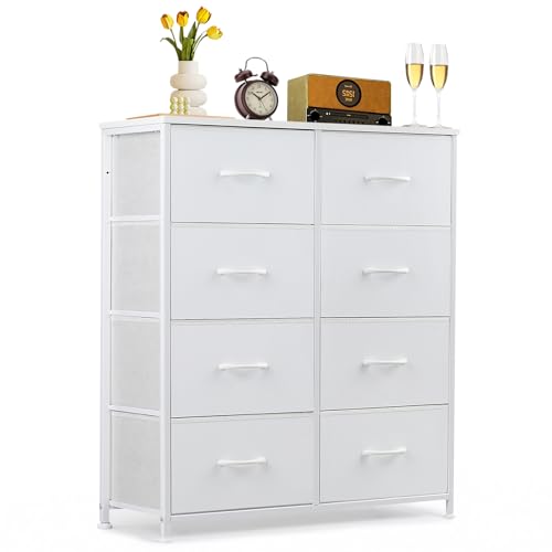 8-Drawer Dresser for Bedroom, Anti-Tip Tall Storage Organizer Chest of Drawers with Wooden Top and Metal Frame Fabric Bins for Closet, Living Room, Hallway, Entryway, White - color: White, size: 11.8"D x 31.4"W x 36.3"H (8 Drawers)