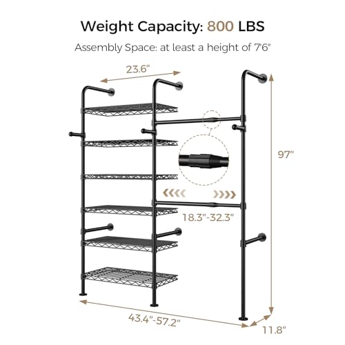 Closet Organizers and Storage, 2-Row Heavy Duty Garment Rack Clothes Rack for Hanging Clothes, Wall Mounted Closet System with 2 Telescopic Rods, 3 Hooks, 6 Shelves for Wardrobe, Bedroom, Small Space - style: 2-Row