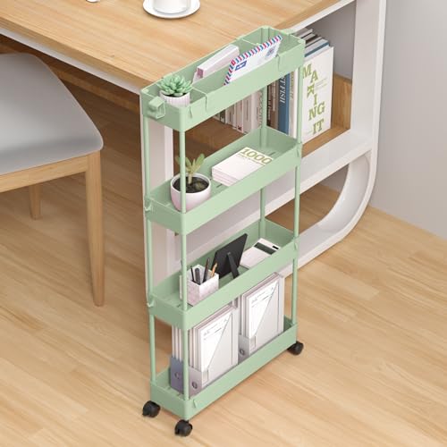 SPACELEAD Slim Storage Cart 4 Tier,Bathroom Organizer Rolling Utility,Mobile Shelving Unit Slide Out for Office, Kitchen, Laundry Room & Narrow Places，Green - color: Green