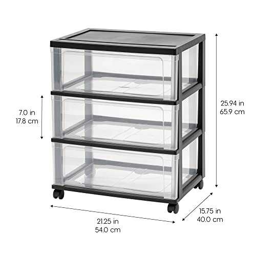 IRIS USA Plastic Drawer Storage Organizer Rolling Cart, with Wheels Casters, 3-Drawers, for Art Craft Supplies Bathroom Dorm Bedroom Laundry Room, Wide, Black - color: Black