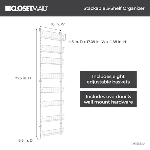 ClosetMaid 97535 Wall or Door Adjustable (8) Basket Organizer, 6.614-Inch D x 77.165-Inch H x 17.992-Inch W, White - style: Basket Organizer