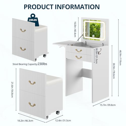 FURSUN 3-in-1 Vanity with Flip Mirror & Lights, Fluted Compact Vanity Table with 3 Drawers, Storage Compartment and Rolling Stool, Modern Small Makeup Vanity for Bedroom, Powder Room, Solid White - size: 15.7"D x 18.2"W x 46.9"H, style: White