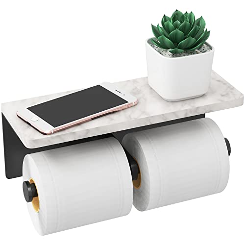 Gypie Toilet Paper Holder with Shelf, New Upgrade Double Toilet Paper Holder with Storage, Marble Roll Toilet Paper Wall Mount for Bathroom Washroom(Black) - color: Black, size: 2 Roll