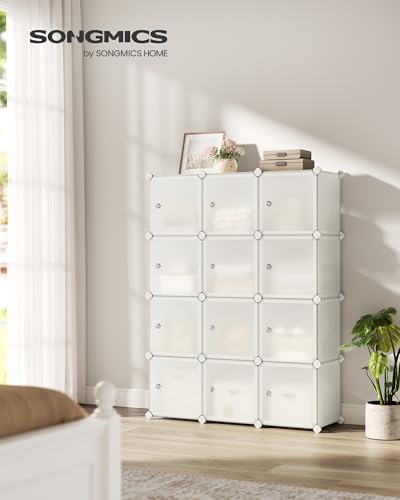 SONGMICS Cube Storage Organizer, Set of 12 Plastic Cubes, Closet Storage Shelves, DIY Plastic Closet Cabinet, Modular Bookcase, Shelving with Doors for Bedroom, Living Room, Cream White ULPC342W02 - color: White, size: 12 Cubes, style: with doors
