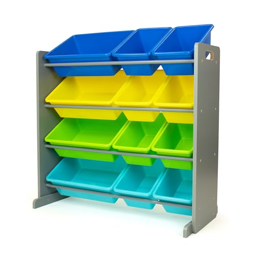 Humble Crew Toy Storage Organizer with 12 Removable Storage Bins for Kids Playroom, 4-Tier Toddler Toy Organization, Grey/Blue/Green/Yellow - color: Grey/Blue/Green/Yellow
