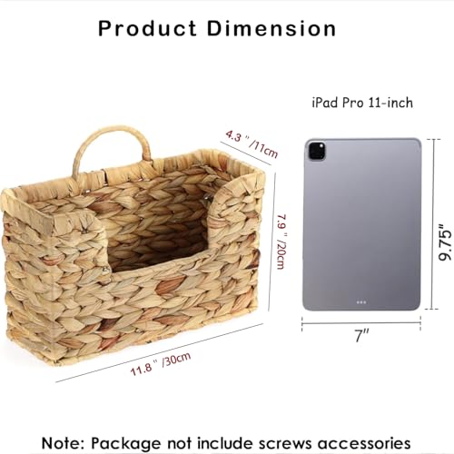 Hanging Magazine Basket, Woven Wall Magazine Holder Organizer with Handle for Mail, Files, Books - Water Hyacinth Farmhouse Storage Rack for Bathroom, Kitchen, Office - color: Water Hyacinth