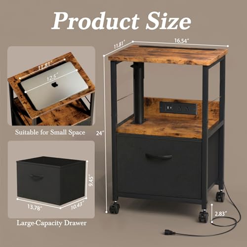 Faesun Swivel Lift Top Nightstand with Charging Station, Rolling Side Table for Recliner, Bedside Table with Wheels & a Fabric Drawer, for Small Spaces, for Bedroom, Living Room, Brown Black - color: Brown Black, size: 1 Drawer