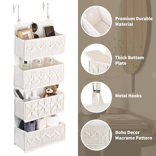 janebeauties Over the Door Organizer Macrame Boho Nursery Storage with 4 Large Woven Pockets, Hanging Basket for Bathroom, Nursery & Closet Doors, Behind the Door Storage Organizer, Cream White