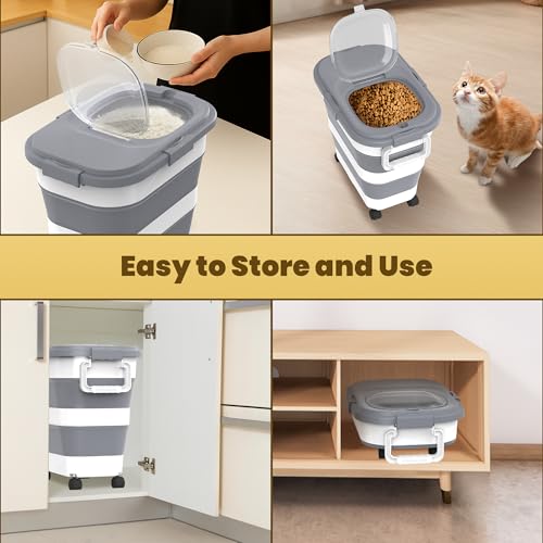 HOYTAMDA 25-35Lbs Rice Container,Collapsible Airtight Food Storage Containers with Wheels,Handle,Rice Storage Container with Small Bin and Scoop,Rice Dispenser for Flour Sugar Cereal Grain Dog Cat - color: Grey/25-35lbs