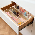 Ohlove 6 Pcs Large Clear Plastic Drawer Organizers Tray 12"x3" Storage Bins with 25 Pcs Non-Slip Pads for Makeup, Jewelries, Kitchen Utensils, Bathroom and Office - size: 12"x3"