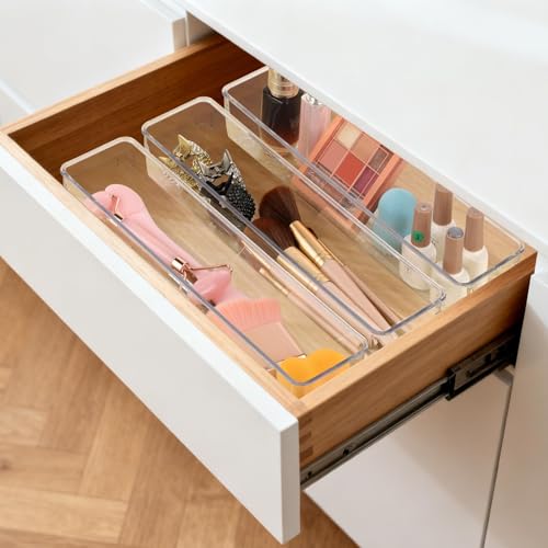 Ohlove 6 Pcs Large Clear Plastic Drawer Organizers Tray 12"x3" Storage Bins with 25 Pcs Non-Slip Pads for Makeup, Jewelries, Kitchen Utensils, Bathroom and Office - size: 12"x3"