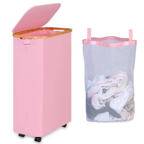 iEGrow 75L Laundry Basket with Wheels,Clothes Hamper for Laundry,Laundry Hamper with Lid and Inner Bag, for Laundry Room, Bedroom, Dormitory Storage,Pink - color: Pink, size: 75L
