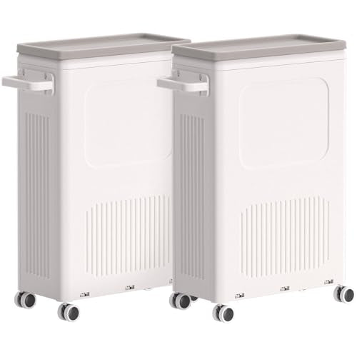 HAIXIN HOME Slim Laundry Hamper with Lid, 50L Plastic Tall Laundry Basket with Wheels, Compact Size for Narrow Space, Rolling Laundry Cart with Handle for Easy Transport to Laundry Room (2 Pack) - color: Milky, size: 50L - 2 Pack