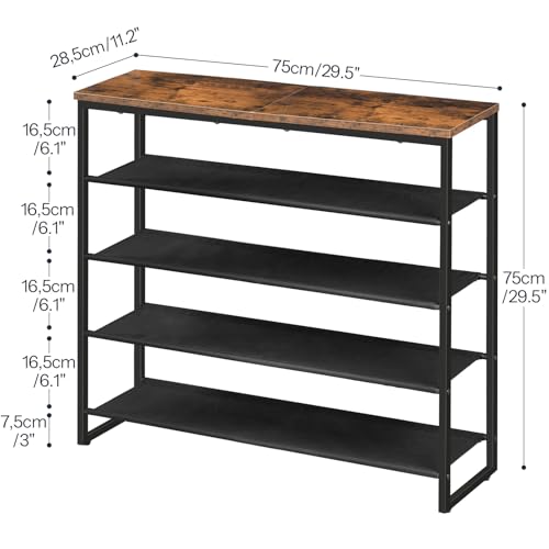 HOOBRO Shoe Rack, 5 Tier Shoe Storage Organizer with 4 Oxford Fabric Shelves and Top Panel, Holds 16-20 Pairs of Shoes, for Entryway and Closet, Industrial, Rustic Brown BF50XJ01 - color: Rustic Brown + Black, size: 29.5"L x 11.2"W x 29.5"H