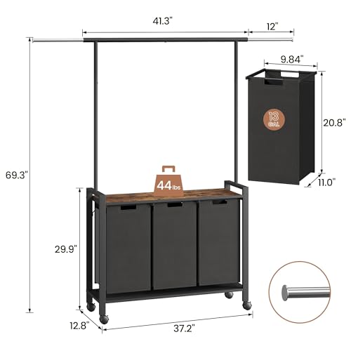 IDEALHOUSE Laundry Sorter, Rolling Laundry Hamper with Hanging Rack, Laundry Hamper 3-Section with Wheels, Hampers for Laundry, Laundry Basket Organizer for Laundry Room, Rustic Brown - size: L2 Size