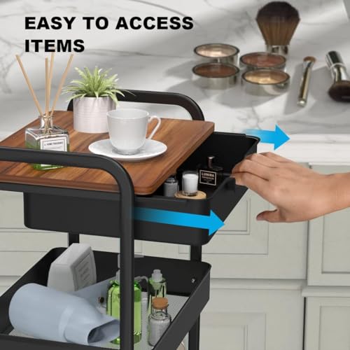 3 Tier Rolling Cart with Drawer, Metal Utility Cart on Wheels Storage Cart with Wood Top, Kitchen Cart Art Cart Organizer for Bathroom Office Balcony Living Room - color: Black