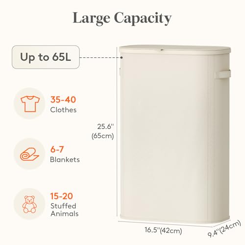 Lifewit Slim Laundry Basket with Lid, Narrow Large Laundry Hamper with Plastic Handles and Removable Bag, Tall Foldable Dirty Clothes Hampers for Laundry Room, Bedroom, Bathroom, Dorm, 65L White - color: White, size: 65L