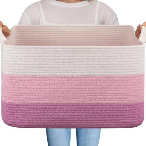 OIAHOMY Large Blanket Basket, 65L Cotton Rope Woven Laundry Basket, Toy Bin for Baby Room, Container for Blanket Storage in Living Room, 20''×16''×12'', Gradient Pink - color: Gradient Pink, size: 65L