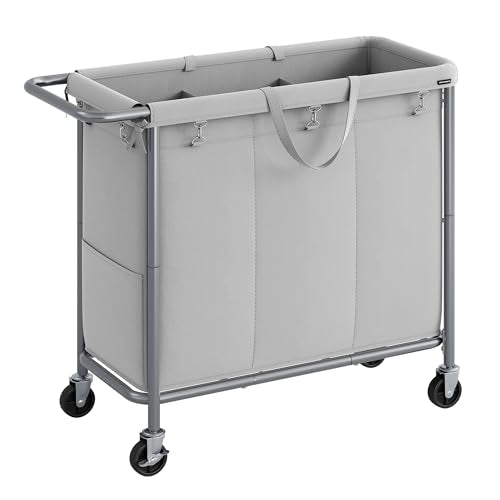 SONGMICS Laundry Basket with Wheels, 3-Section Rolling Laundry Hamper, 52.8 Gallons (200 L), Removable Liner, Steel Frame with Handle, 35.8 x 15.4 x 31.9 Inches, Dove Gray URLS005G01 - color: Dove Gray, size: 200 L (3-Section), style: Rectangular with han