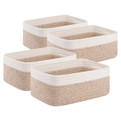 OIAHOMY 4 Pack Storage Baskets for Organizing, Small Bins for Shelves, Cute Decorative Storage Bins, Organizer Baskets for Gifts Empty, 11.8''Lx7.8''Wx4.7''H, Brown/White - color: Brown/White, size: 11.8"*7.8"*4.7"