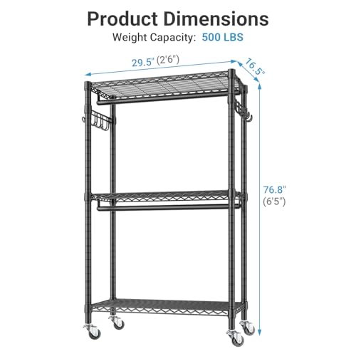 VIPEK R2 Medium Rolling Clothes Rack Heavy Duty Clothing Rack for Hanging Clothes Adjustable Metal Wire Shelving Portable Closet with Wheels Side Hooks, Freestanding Closet Wardrobe, Black - color: Black, size: R2 Medium