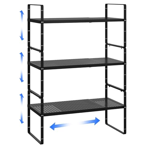 Expandable Kitchen Cabinet Shelf Organizer Rack Heavy Duty Metal Spice Rack Stackable Kitchen Counter Storage Shelf for Kitchen Cabinet Pantry Bathroom (Black - 16.5"-27" L x 8" W x 9.6" H - 3Pack) - color: Black - 16.5"-27" L X 8" W X 9.6" H - 3pack