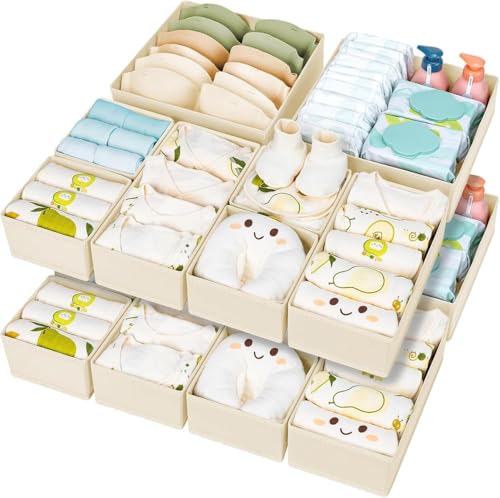 DIMJ Drawer Organizer Clothes 15 Pack - Foldable Baby Organizers and Storage & Closet Organizers for Bedroom, Closet - Nursery Organization Dresser Dividers for underwear, Sock,Bra, Belt, Tie, Beige - color: Beige, size: 15 Pack