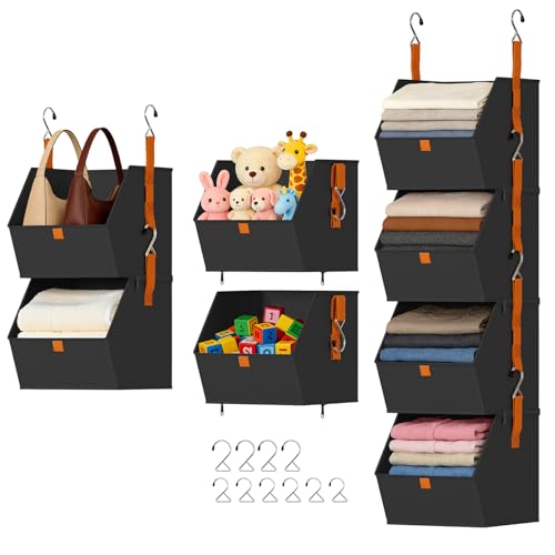 DIMJ Hanging Closet Organizer - 4 Tier Collapsible Hanging Shelves with Hooks Zipper, Fabric Clothes Organizer, Space-Saving Storage Bin Basket for RV, Bedroom, Laundry Organization - color: Black, size: 4 Pack