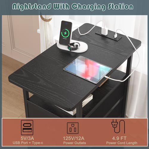 sthmec End Table with Charging Station, Side Tables Livingroom with USB Ports and Outlets,Narrow Nightstands Bedside Tables with 3 Drawers PU Finish for Small Space,Slim Sofa Table Bedroom,Black - color: Black, size: 11.75'' W*21'' D* 24.3'' H, style: Pow