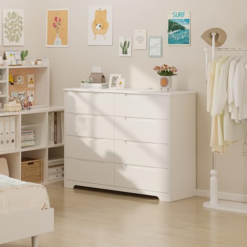Gizoon 8 Drawer Dresser, 47" Wide White Dresser for Bedroom with Cut-Out Handles, Modern Wooden Chest of Drawers with Anti-Tip Kit, for Living Room, Hallway, Entryway, Home Office - color: White, size: 15.7"D x 47.2"W x 35.4"H (8 Drawers)