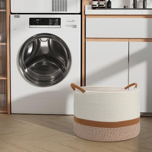 Large Blanket Basket (20"x13"),Woven Basket for Storage Dirty Clothes Basket for Laundry, Living Room, Nursery, Bedroom Rope Storage Basket for Blankets(White/Brown) - color: White Brown