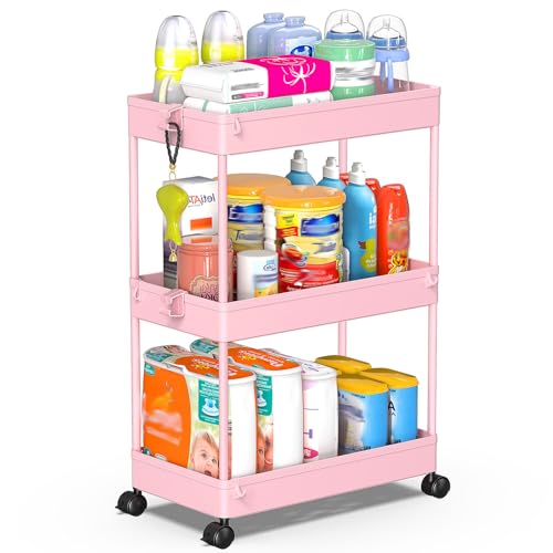 SPACEKEEPER Rolling Storage Cart 3 Tier, Bathroom Cart Organizer Laundry Room Organizer Utility Cart Mobile Shelving Unit Multi-Functional Shelves for Office, Kitchen, Bathroom, Pink - color: Pink, size: 3 Tier