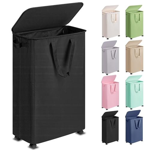 Vincona Slim Laundry Hamper with Lid and Wheels, Small Rolling Laundry Basket with Handle for Small Spaces, Tall Dirty Clothes Hampers for Dorm, Bathroom and Bedroom, 75L Black - color: Black, size: 75L