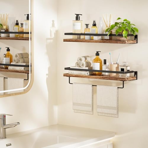 AMADA HOMEFURNISHING Bathroom Shelves with Towel Bar, Floating Shelves, Wall Shelves for Bathroom/Living Room/Kitchen/Bedroom, Rustic Brown, Set of 2 - AMFS01BN - color: Rustic Brown