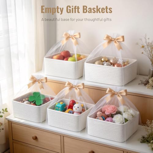 5 Pack White Small Woven Storage Baskets for Shelves, Cotton Rope Baskets Organizer for Bathroom, Closet & Nursery, Decorative Storage Bins for Organizing Socks, Toys, 11.8"x7.9"x4.7" - color: White