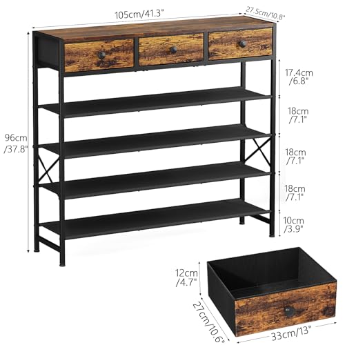 Shoe Rack, 5 Tier Shoe Organizer with 3 Drawers, Metal Shoe Storage for 24-30 Pairs of Shoes with Fabric Shelves and Wooden Top, Narrow Shoe Shelf for Closet Entryway Rustic Brown - color: Rustic Brown, size: 5 Tier(41.3 × 10.8 × 37.8)