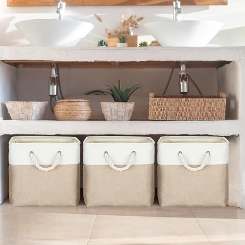 meekoo 8 Pack Collapsible Storage Bins Fabric Storage Bins Polyester Fabric Baskets with Handles Linen Closet Organizer for Shelf Home Closet Towels Toys(12 x 12 x 12 in,Beige) - color: Beige, size: 12 x 12 x 12 In