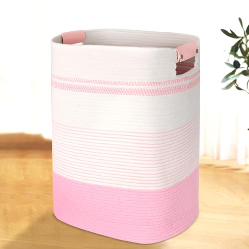 AINUOQI Laundry Basket with Handles - Blanket Basket & Hampers for Bedroom Aesthetic, Laundry Hamper & Blanket Storage for Living Room, Clothes Hamper, Tall, Large 17" x 14" x 22”, Pink & White - color: Pink & White, size: 85L