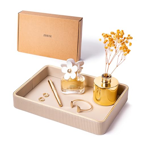 Perfume Tray Valet Tray Night Stand Bedside Organizer| Perfume Organizer Catchall| Perfume Trays for Dresser Vanity Tray for Dresser Countertop| Perfume Holder Leather Tray Organizer (Beige) - color: Beige 1 Pack, size: 8" x 11" x 1.8"