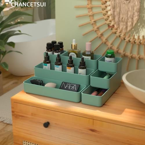 CHANCETSUI 9 Pcs Stackable Drawer Organizer Trays Set, Green, Multifunctional Storage for Vanity, Bathroom, Kitchen, Desk Drawer Organizer Office, PET Plastic - color: 9-4Green