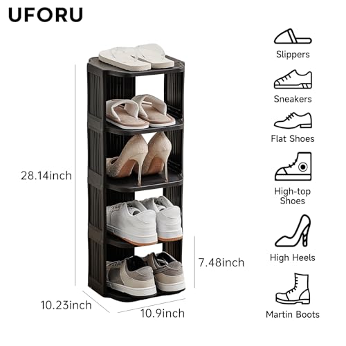 Small Shoe Rack, 5 Tier Plastic Vertical Shoe Rack for Small and Narrow Spaces, Free Standing Shoe Organizer for Closet, Entryway (Black) - color: Black, size: 5 Tier