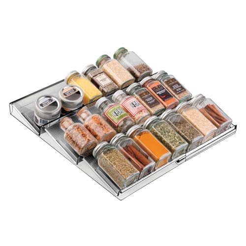 mDesign Expandable Plastic Deluxe Spice Rack, Drawer Organizer for Kitchen Cabinet Drawers, 3 Tier Slanted for Spice Jars, Food Seasoning Bottle Storage, Ligne Collection - Smoke Gray - color: Smoke Tint