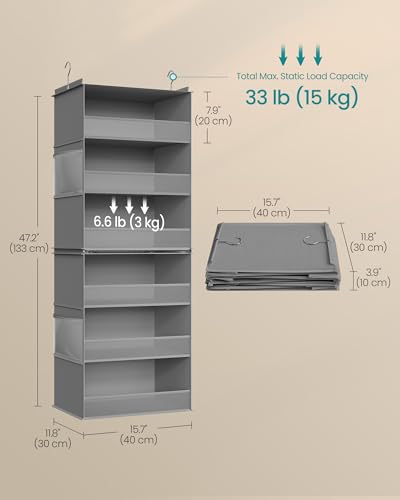 SONGMICS Hanging Closet Organizer, 6-Tier Fabric Storage Shelf, Separable Closet Hanging Shelf with Side Pockets, Foldable, Metal Hooks and Bamboo Inserts, Dove Gray URCH007G01 - color: Dove Gray, size: 1 Pack