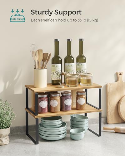 SONGMICS Cabinet Organizer Shelf, Set of 4 Kitchen Counter Shelves, Kitchen Storage, Spice Rack, Stackable, Expandable, Metal and Engineered Wood, Ink Black and Natural Beige UKCS210B01 - color: Ink Black + Natural Beige, size: 15.6"W